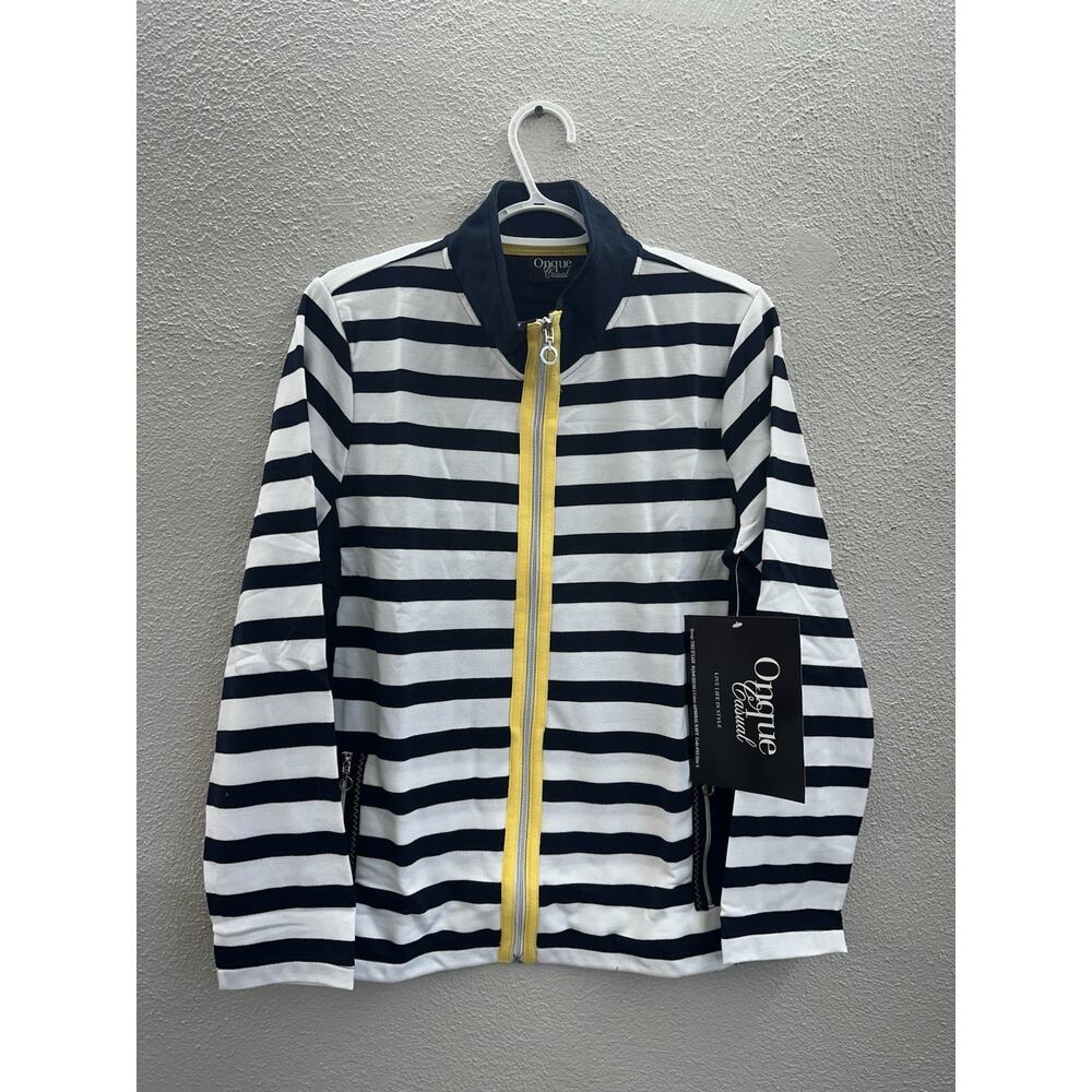 Onque Casuals Womens Jacket Size Large Navy Striped Long Sleeve Zip Up NWTs